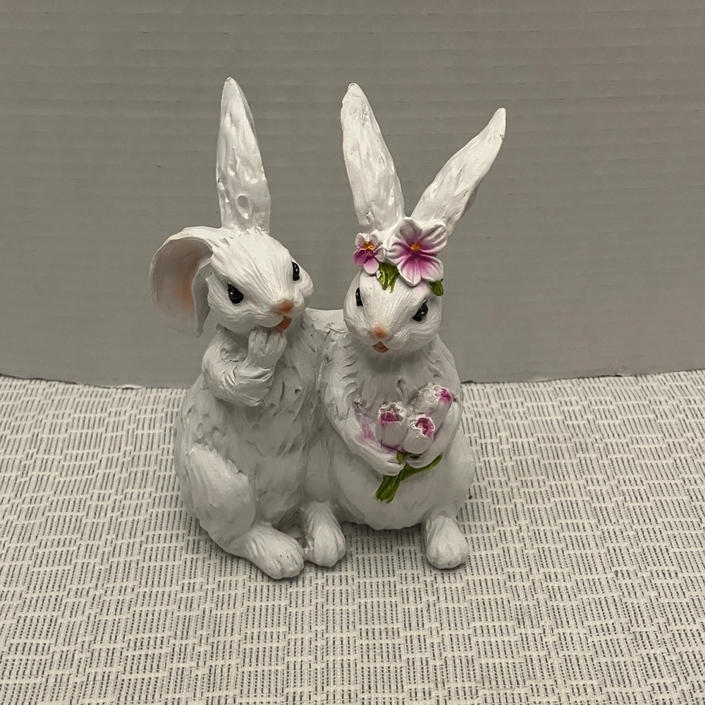 Decorative White Bunny Couple Figurine with Pink Flowers